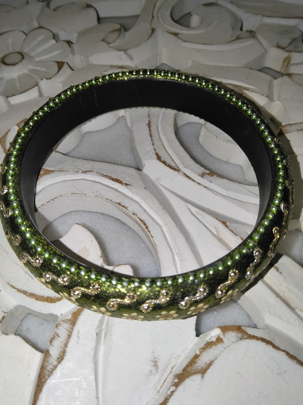 Green Beaded Floral Bangle Bracelet - Women's Jewelry UpperArm Bangle Cuff